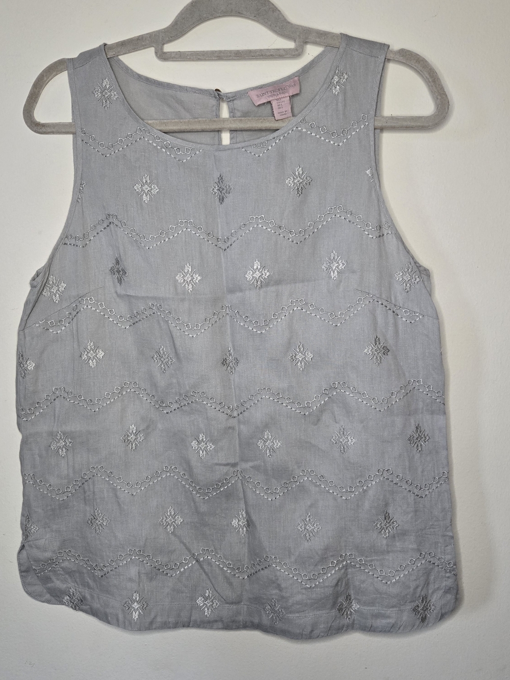 Saint Tropez West Light Gray Embroidered‎ Tank 100% Linen Embroidered Size Large
